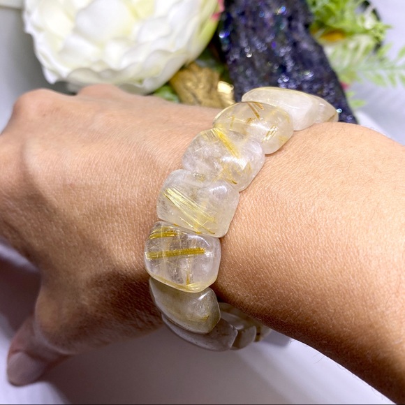 Hair of Venus Semi Precious Golden Rutile Quartz Gemstone Crystal Bracelet - Picture 5 of 16